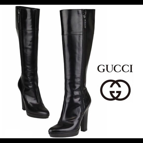 Gucci Black Glossy Leather Knee High Platform Boot Sz 10B - Picture 1 of 16